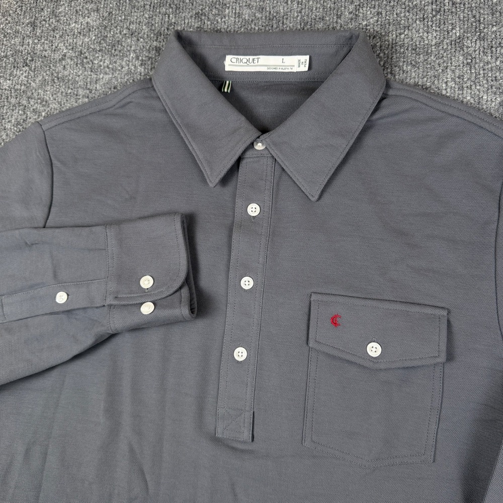 Criquet Polo Shirt Mens L Gray Long Sleeve Pima Cotton Golf Pocket Preppy